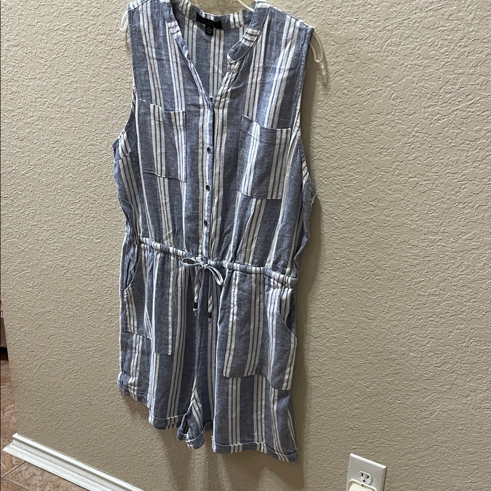 Sleeveless Blue & White Striped Linen-Blend Romper